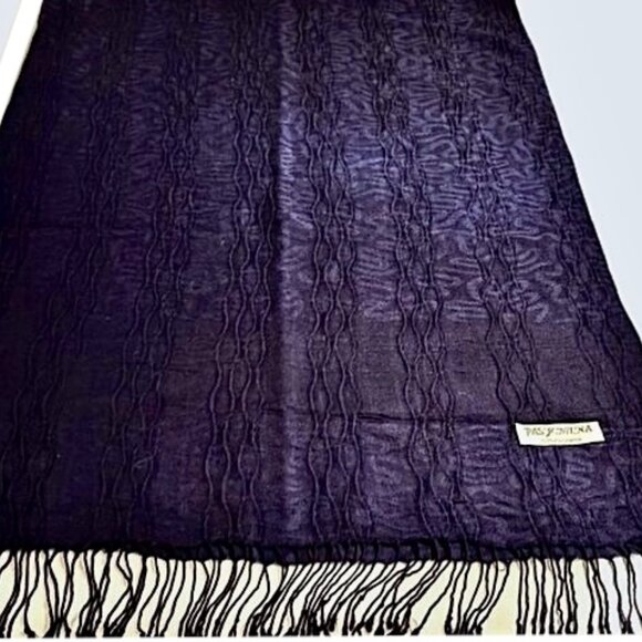 100% Pashmina Wrap Shawl Scarf Crinkled Texture Fringe Navy Blue EC